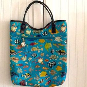 Sydney Love, faux leather slender “North/West style tote. Underwater fish design